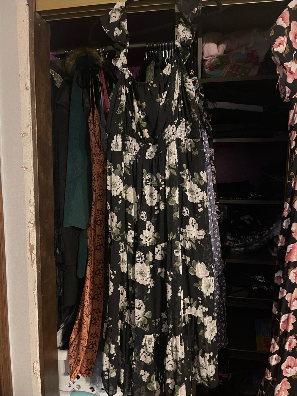 Rewind Black Midi Dress with White Floral Print and Green Accents